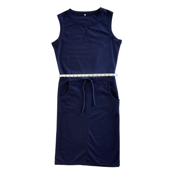 Essentials Basic Sleeveless Casual Drawstring Midi Dress Navy Size Medium - Picture 8 of 10